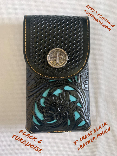 #LG_1002  7" CROSS BLACK LEATHER TURQUOISE POUCH EXTRA LARGE  BELT LOOP HOLSTER CELL PHONE CASE UNIVERSAL OVERSIZE
