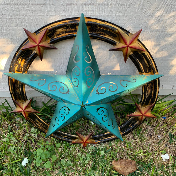 #RT5045 TURQUOISE CARVED CUT STAR 26",36", BARN METAL WESTERN HOME DECOR HANDMADE NEW