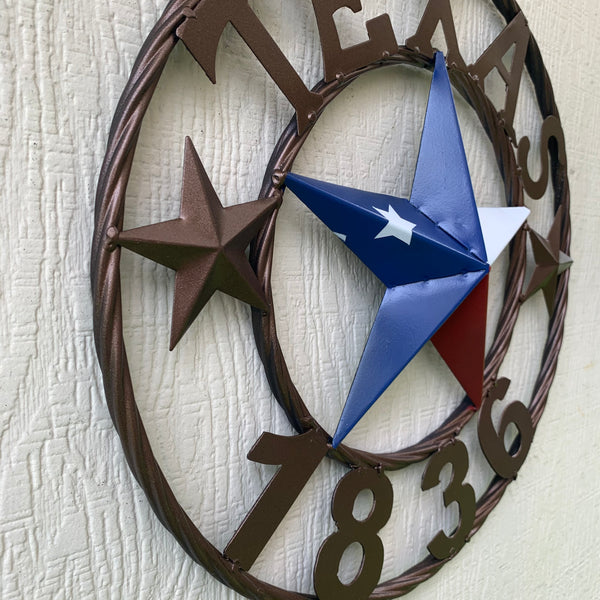 16" TEXAS 1836 RED WHITE BLUE TEXAS FLAG STAR BRONZE RING METAL BARN STAR WESTERN HOME DECOR HANDMADE NEW ART