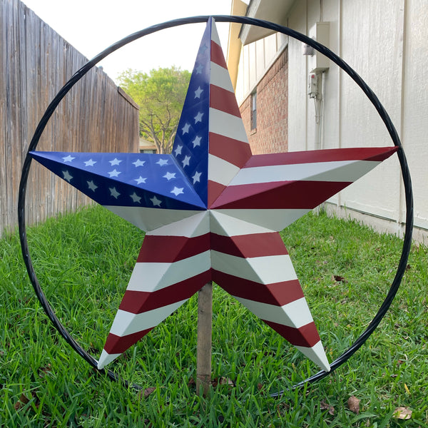 AMERICAN Flag USA Metal Barn Star RED WHITE & BLUE with Black Rope Ring Western Home Decor Handmade 12",16",24",30",34",36",40",48"