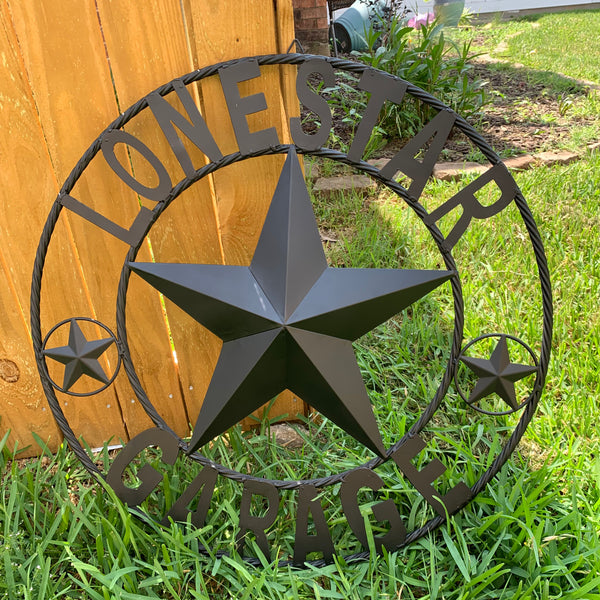 LONESTAR GARAGE STYLE CUSTOM BARN NAME STAR LONESTAR GARAGE METAL NAME BARN STAR WITH TWISTED ROPE RING 3d STAR ART WESTERN HOME DECOR RUSTIC BROWN