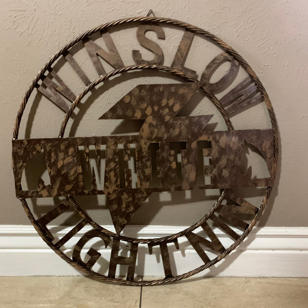 CUSTOM NAME LIGHTNIN HORSE SIGN RAW METAL BARN ROPE RING WESTERN HOME DECOR HANDMADE 24",32",36"