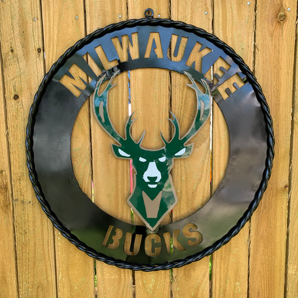 24" MILWAUKEE BUCKS WIDE BAND DISC STYLE METAL CUSTOM VINTAGE CRAFT TEAM SPORTS SIGN HANDMADE