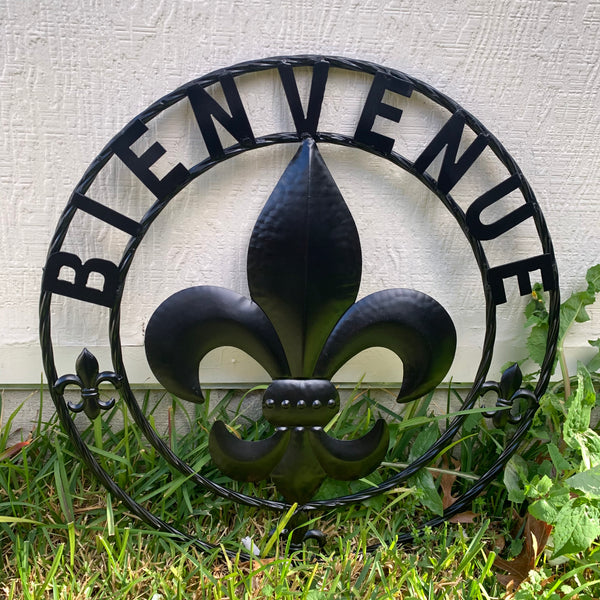 24", 32" GLOSSY BLACK BIENVENUE FLEUR DE LIS METAL WALL ART WESTERN HOME DECOR NEW
