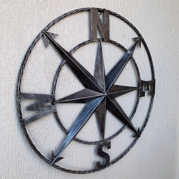 #SI_B8235 COMPASS 24" GREY METAL SIGN WESTERN HOME DECOR HANDMADE NEW