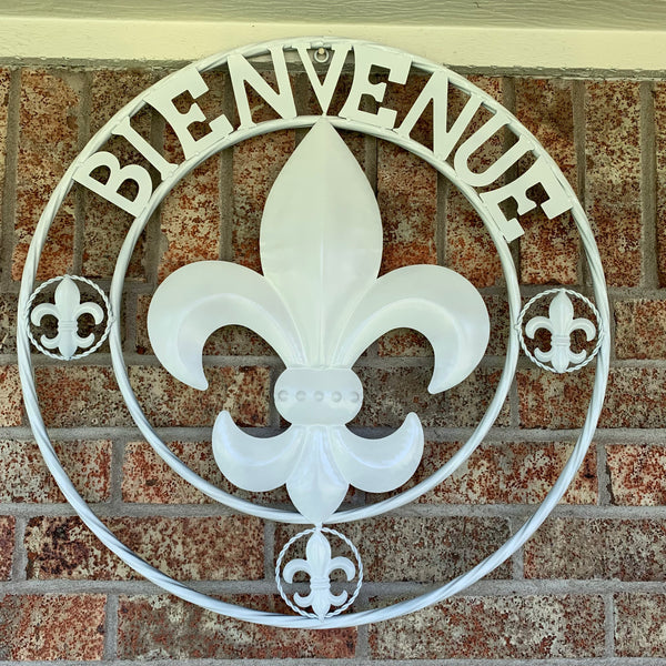 24", 32" GLOSS WHITE FLEUR DE LIS BIENVENUE METAL WALL ART WESTERN HOME DECOR