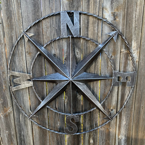 #SI_B8235 COMPASS 24" GREY METAL SIGN WESTERN HOME DECOR HANDMADE NEW