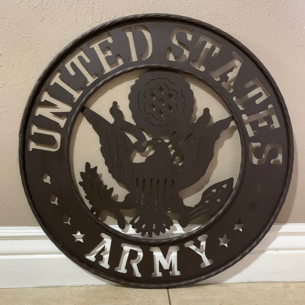 24" USA ARMY MILITARY BROWN  METAL DISC STYLE WALL ART DECOR VINTAGE CRAFT WESTERN HOME DECOR NEW