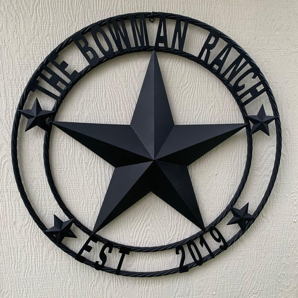 CREEKSIDE FARM STYLE YOUR CUSTOM NAME BARN BLACK STAR 3d WITH TWISTED ROPE RING DESIGN METAL WALL ART WESTERN HOME DECOR NEW HANDMADE, 24", 32", 36", 40", 44", 46", 50"