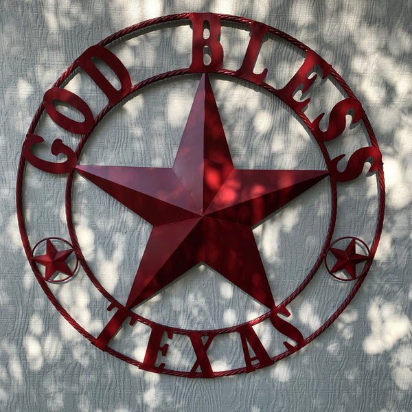 24",32",40",50" BURGUNDY RED GOD BLESS TEXAS BARN STAR ROPE RING METAL WALL ART WESTERN HOME DECOR NEW