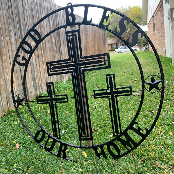 40"GOD BLESS OUR HOME CRUCIFIX CROSS METAL WALL ART BLACK HANDMADE NEW