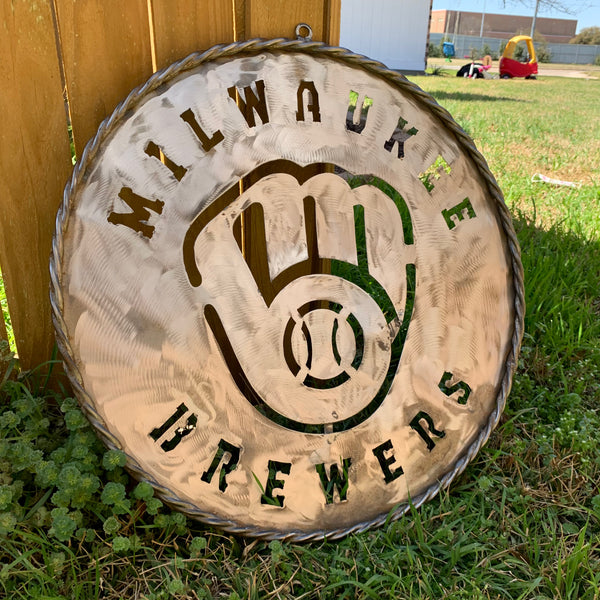 24" MILWAUKEE BREWERS RAW METAL WIDE BAND DISC STYLE CUSTOM METAL VINTAGE CRAFT TEAM SIGN HANDMADE