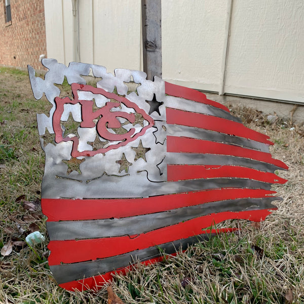 KANSAS CITY CHIEFS METAL TATTERED FLAG CUSTOM VINTAGE CRAFT WALL ART HANDMADE