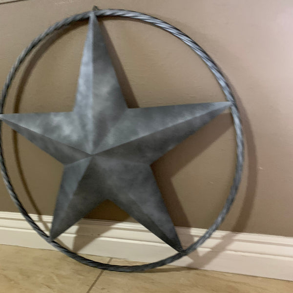 #EH10484 DARK WHITE DISTRESSED TWO TONE BARN STAR METAL LONESTAR TWISTED ROPE RING WESTERN HOME DECOR HANDMADE NEW