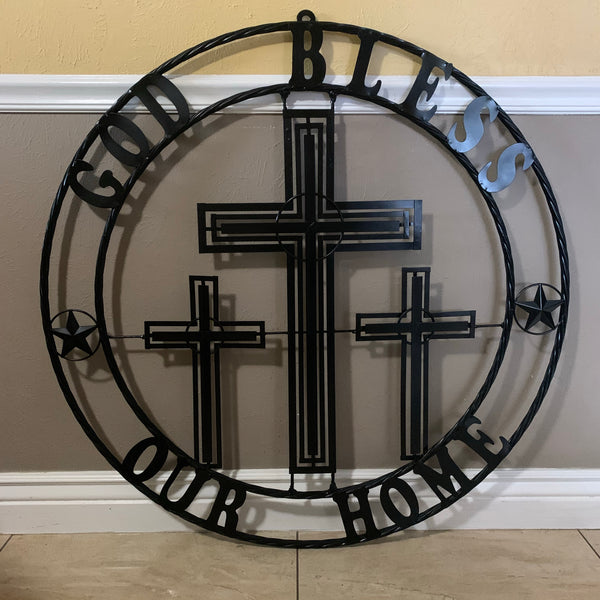 40"GOD BLESS OUR HOME CRUCIFIX CROSS METAL WALL ART BLACK HANDMADE NEW