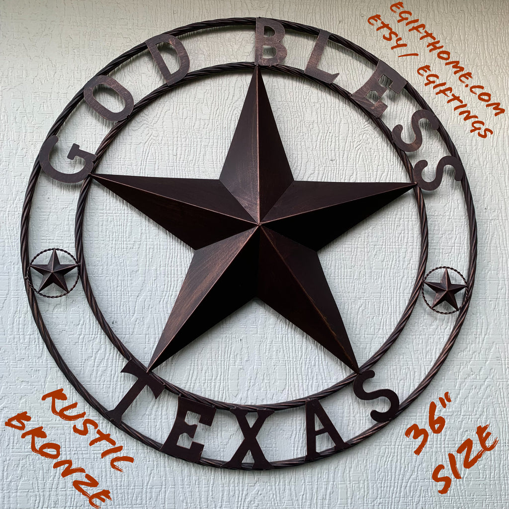 36" GOD BLESS TEXAS BARN STAR WITH TWISTED ROPE RING STYLE METAL WALL ART WESTERN HOME DECOR RUSTIC BRONZE NEW