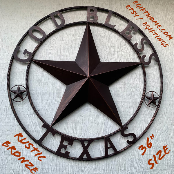 #EH10197 GOD BLESS TEXAS BARN STAR METAL LONESTAR TWISTED ROPE RING WESTERN HOME DECOR HANDMADE NEW