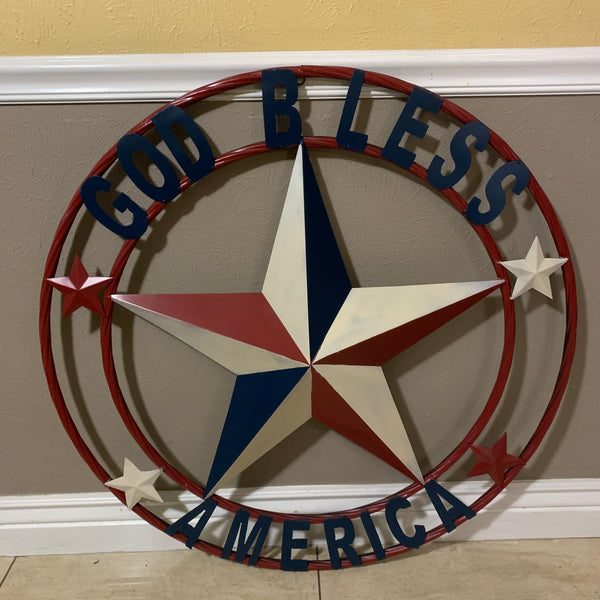 #EH10489 GOD BLESS AMERICA USA FLAG BARN STAR METAL RED WHITE BLUE WESTER HOME DECOR HANDMADE NEW