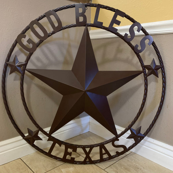 #EH11085 GOD BLESS TEXAS BROWN BARN STAR METAL LONE STAR TWISTED ROPE RING WESTERN HOME DECOR HANDMADE NEW