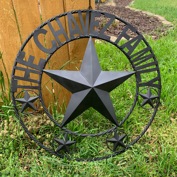 CHAVEZ STYLE CUSTOM FAMILY NAME STAR BLACK STEEL METAL BARN STAR ROPE RING WESTERN HOME DECOR VINTAGE NEW HANDMADE 24",32",34",36",40",42",44",46",50"