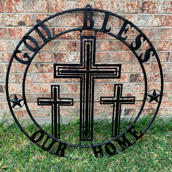 40"GOD BLESS OUR HOME CRUCIFIX CROSS METAL WALL ART BLACK HANDMADE NEW