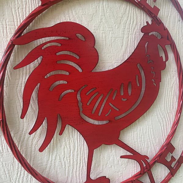 #SI_B9504 RISE & SHINE 24" RED ROOSTER CHICKEN METAL SIGN WESTERN HOME DECOR HANDMADE NEW