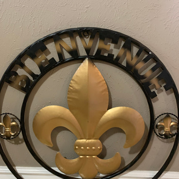 BIENVENUE FLEUR DE LIS METAL WALL ART WESTERN HOME DECOR RUSTIC GOLD & BLACK NEW--FREE SHIPPING