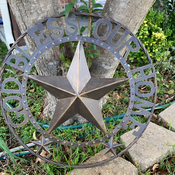 24" GOD BLESS OUR HOME BEADED BARN STAR WITH TWISTED ROPE RING DESIGN METAL WALL ART WESTERN HOME DECOR VINTAGE RUSTIC DARK BRONZE COPPER NEW