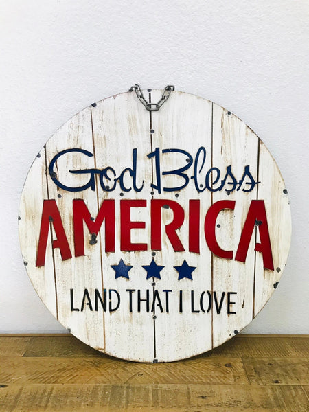 #36-326 23" GOD BLESS AMERICA PATRIOTIC METAL SIGN DISC WALL ART WESTERN HOME DECOR HANDMADE