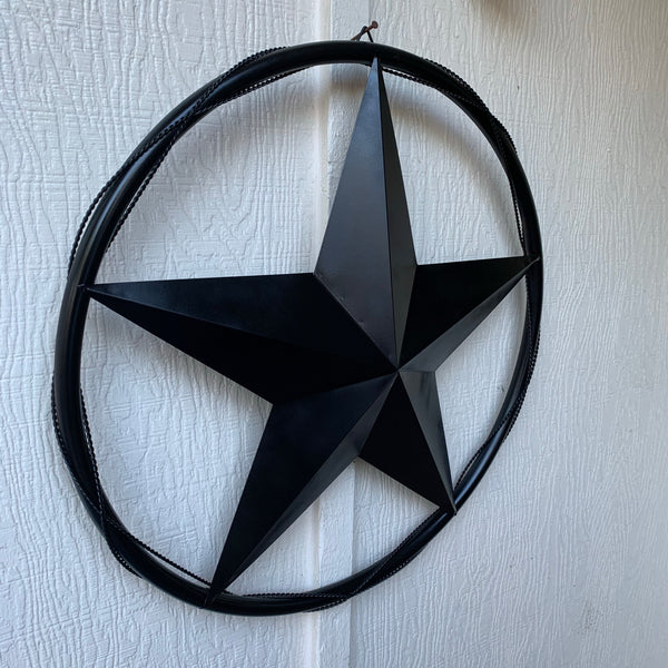 12"16",24",32" BARBWIRE ON SOLID RING BLACK BARN STAR METAL LONESTAR WESTERN HOME DECOR HANDMADE #EH10057