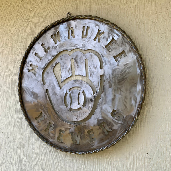 24" MILWAUKEE BREWERS RAW METAL WIDE BAND DISC STYLE CUSTOM METAL VINTAGE CRAFT TEAM SIGN HANDMADE