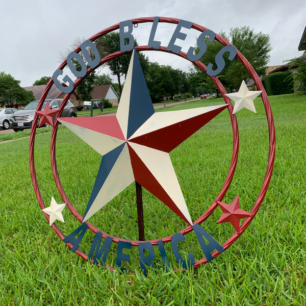 #EH10489 GOD BLESS AMERICA USA FLAG BARN STAR METAL RED WHITE BLUE WESTER HOME DECOR HANDMADE NEW