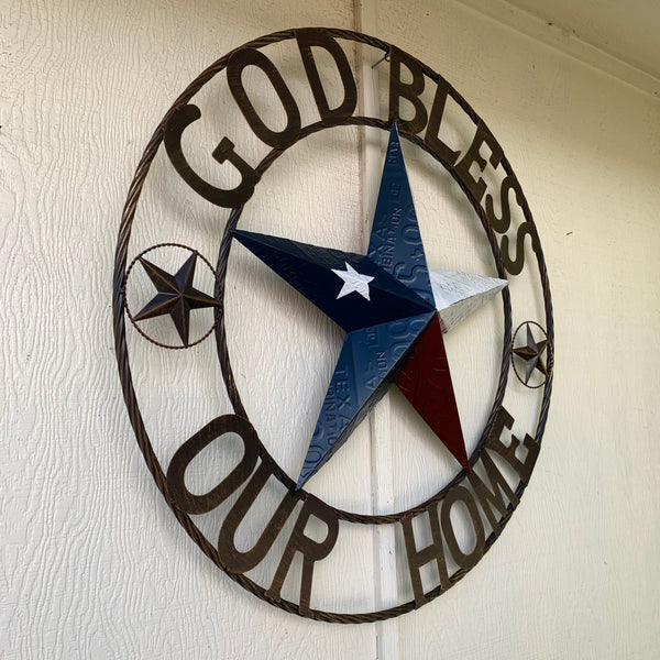 24", 32", 40" GOD BLESS OUR HOME LICENSE PLATE BARN METAL STAR ROPE RING WALL ART WESTERN HOME DECOR RED WHITE & BLUE