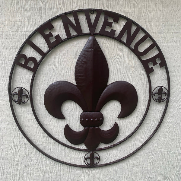 24", 32" FLEUR DE LIS BIENVENUE METAL WALL ART WESTERN HOME DECOR RUSTIC BROWN NEW