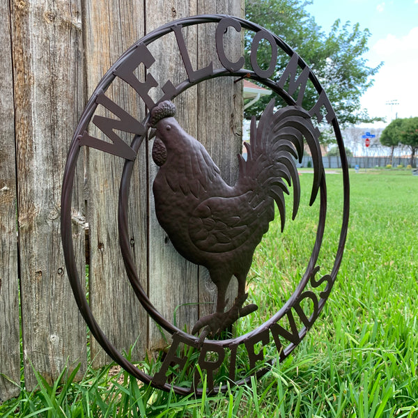 24" WELCOME FRIENDS ROOSTER WESTERN METAL ANIMAL ART HOME WALL ART RUSTIC BROWN COLOR