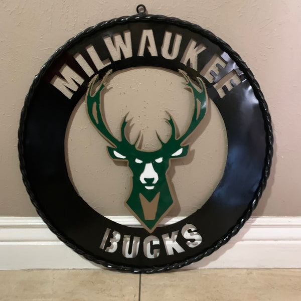 24" MILWAUKEE BUCKS WIDE BAND DISC STYLE METAL CUSTOM VINTAGE CRAFT TEAM SPORTS SIGN HANDMADE