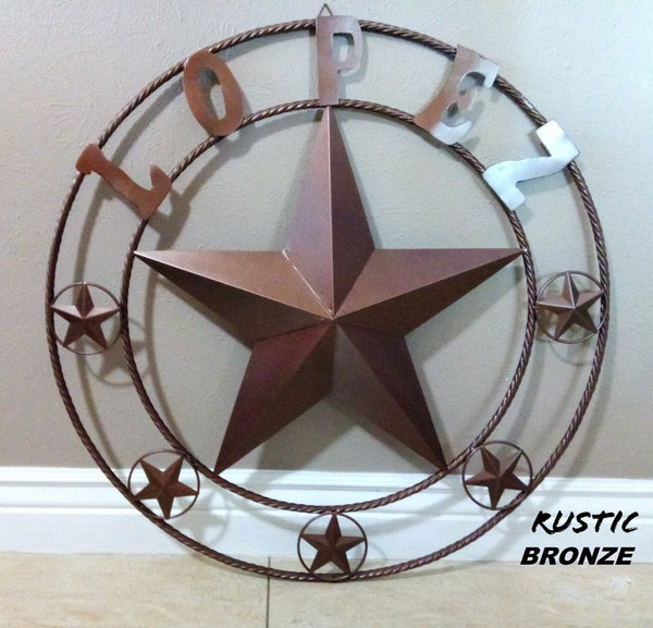 LOPEZ CUSTOM STAR NAME BARN METAL STAR 3d TWISTED ROPE RING WESTERN HOME DECOR RUSTIC  BRONZE HANDMADE 24",32",34",36",40",42",44",46",50"