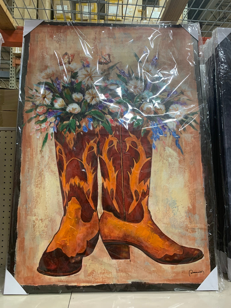 RA0305  28"x40" BROWN DOUBLE BOOT FLOWER CANVAS PAINTING PICTURE WESTERN COUNTRY HOME DECOR HANDMADE