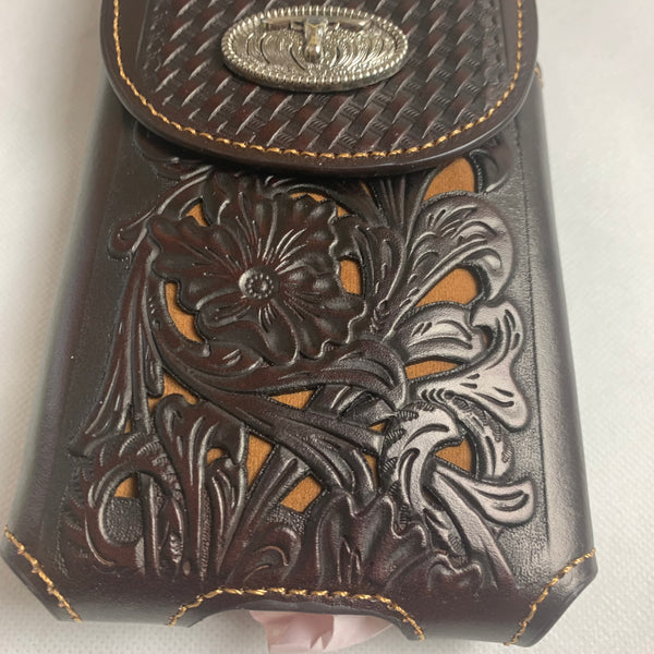 #LG2002 7.5" LONGHORN COFFEE BROWN & BEIGE  LEATHER POUCH EXTRA LARGE  BELT LOOP HOLSTER CELL PHONE CASE UNIVERSAL OVERSIZE