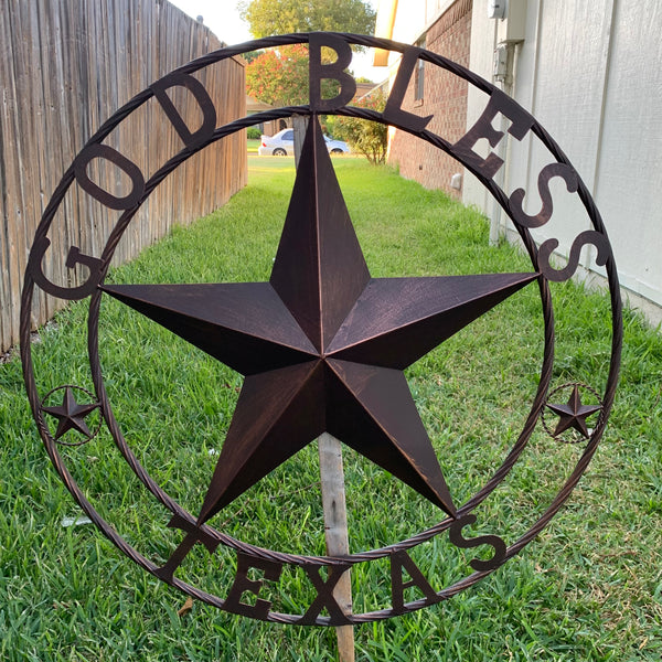 #EH10197 GOD BLESS TEXAS BARN STAR METAL LONESTAR TWISTED ROPE RING WESTERN HOME DECOR HANDMADE NEW