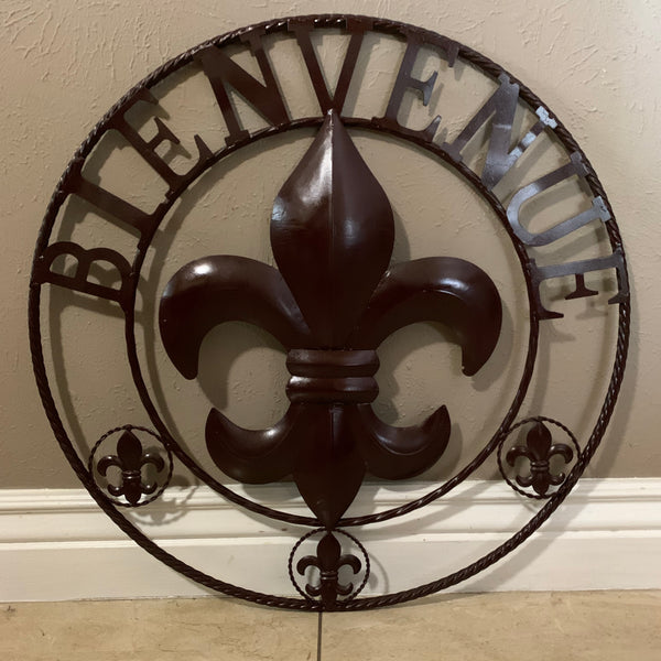 24", 32" FLEUR DE LIS BIENVENUE METAL WALL ART WESTERN HOME DECOR RUSTIC BROWN NEW