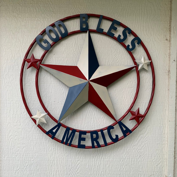 #EH10489 GOD BLESS AMERICA USA FLAG BARN STAR METAL RED WHITE BLUE WESTER HOME DECOR HANDMADE NEW