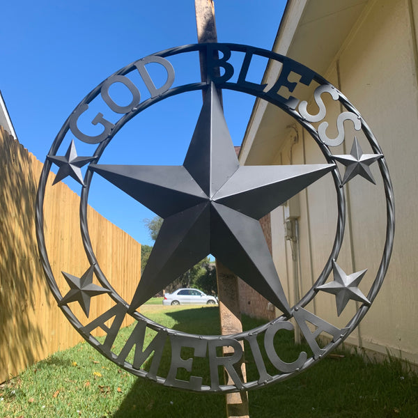 GOD BLESS AMERICA BLACK METAL BARN LONESTAR TWISTED RING METAL ART WESTERN HOME DECOR HANDMADE NEW-#EH10487