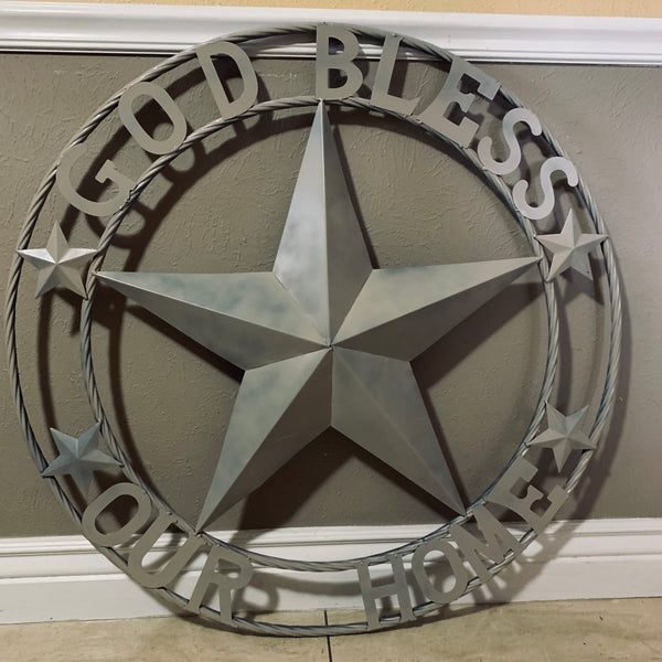 36" GOD BLESS OUR HOME RUSTIC BEIGE BARN METAL STAR ROPE RING WALL ART WESTERN HOME DECOR--FREE SHIPPING