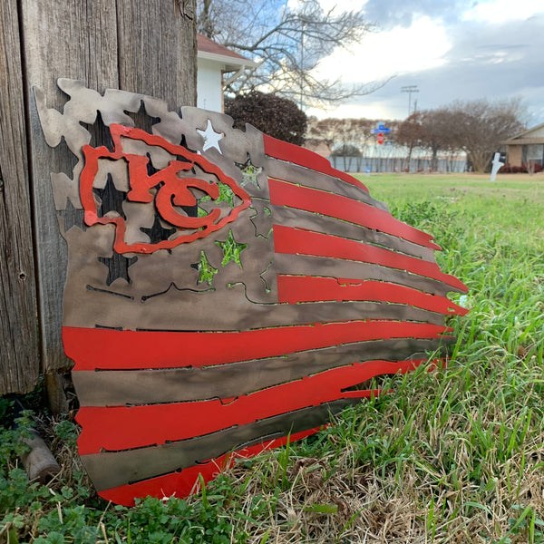 KANSAS CITY CHIEFS METAL TATTERED FLAG CUSTOM VINTAGE CRAFT WALL ART HANDMADE