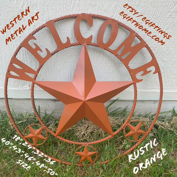WELCOME STAR RUSTIC ORANGE COPPER BARN STAR METAL TWISTED ROPE RING LONESTAR WESTERN HOME DECOR HANDMADE NEW