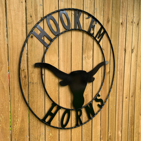 HOOKEM HORNS GLOSSY BLACK TEXAS LONGHORNS HOOK EM METAL CUSTOM VINTAGE CRAFT WALL ART TEAM SIGN HANDMADE