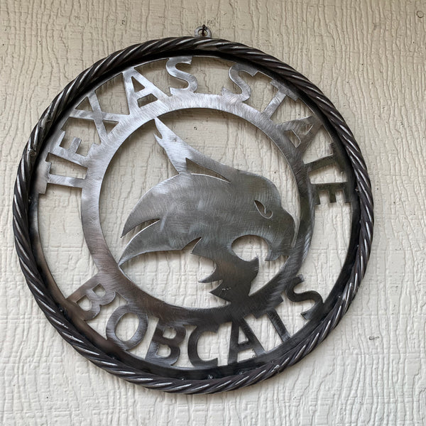 12" TEXAS STATE BOBCATS CUSTOM RAW METAL VINTAGE CRAFT SIGN TEAM ART HANDMADE IN TEXAS