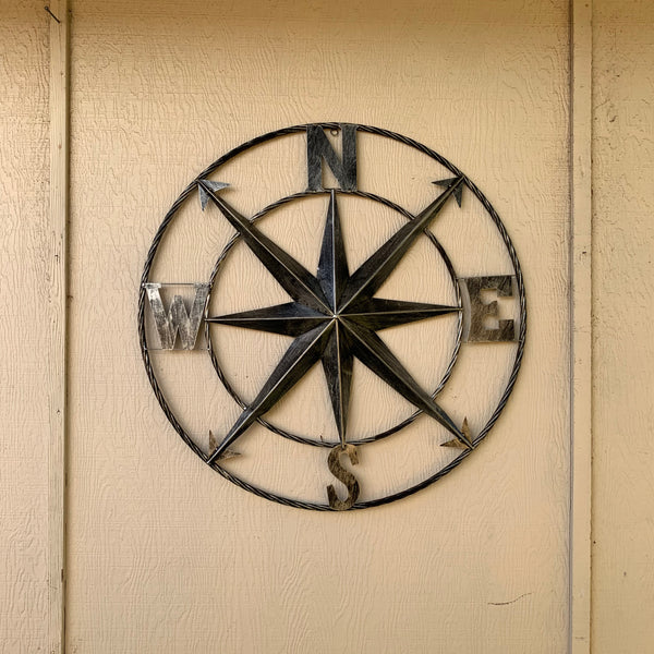 36" COMPASS GREY METAL ART WESTERN METAL ART HOME WALL DECOR RUSTIC GREY