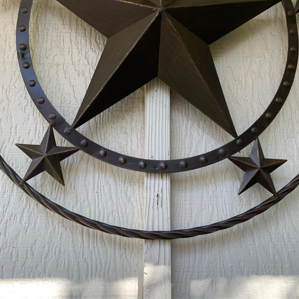 TEXAS BEADED BARN STAR WITH TWISTED ROPE RING DESIGN METAL WALL ART WESTERN HOME DECOR VINTAGE RUSTIC BRONZE ART